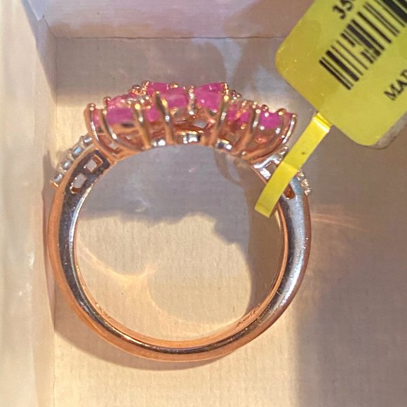 Pink Sapphire and Diamonds Floral Silver Ring, Size 8 - Picture 2 of 7